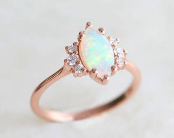 Australian Opal Engagement Ring, Marquise Opal Diamond Ring, Rose Gold Opal Ring with Diamonds