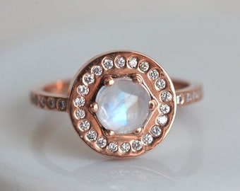 14k Gold Moonstone Engagement Ring, Round Halo Diamond Moonstone Ring Rose Gold, June Birthstone Ring, Round Engagement