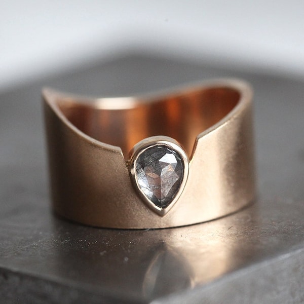 Statement Natural Diamond Ring, Pear Salt Pepper Diamond Ring, Unique Diamond Engagement Ring, Heavy Band Rose Gold, Wide Band