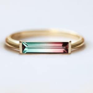 Watermelon tourmaline ring, Bicolor engagement ring, Unique baguette ring, Pink green ring