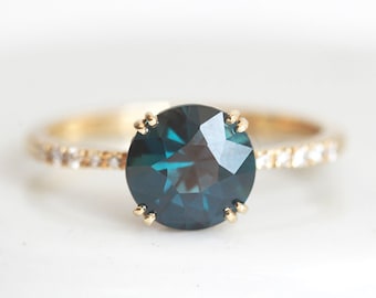 Dark Teal Blue Sapphire Ring with pave diamond band, 1.68ct yellow gold round sapphire ring by minimalvs jewelry