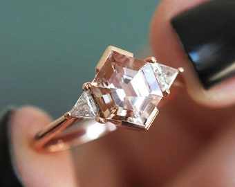Hexagon Morganite ring with accent Triangle Diamonds