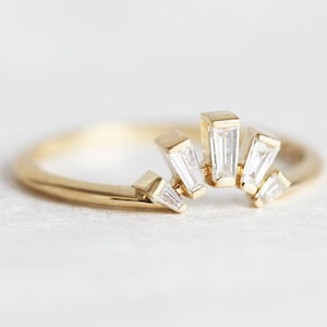 Baguette diamond ring, Curved wedding band, Tapered art deco engagement stacking ring