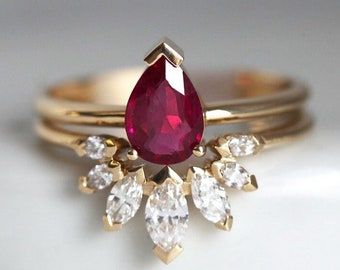 Natural Ruby Engagement Ring Set with Marquise Diamond Crown Ring, Pear Ruby Solitaire with Matchin Diamond Band