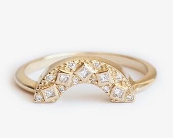 Artdeco Diamond Wedding Ring, Gold Curved Diamond Band, Unique Wedding Diamond Band