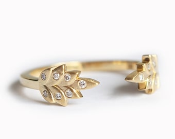 Leaf Band, Diamond Leaves Wedding Ring, Floral Ring available in 18k Yellow Gold