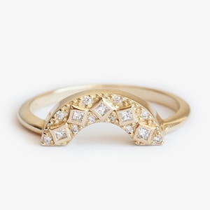 Artdeco Diamond Wedding Ring, Gold Curved Diamond Band, Unique Wedding Diamond Band