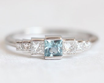 Art Deco Engagement Ring with Teal Montana Sapphire and Princess Diamonds available 14k 18k gold and platinum