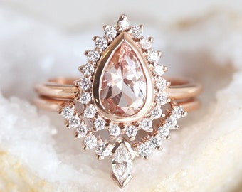 Morganite Diamond Ring Set in 14k or 18k Solid Rose Gold with 8mm Pear One Carat Morganite Solitaire & Matching Diamond Crown