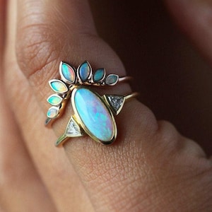 Opal Wedding Crown Ring, Leaf Floral Ring, Marquise Matching Curved Nesting Band
