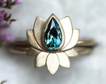 Teal Pear Sapphire Ring Set, Pear Blue Sapphire Engagement Ring set, Sapphire Wedding Ring Set, Lotus Ring