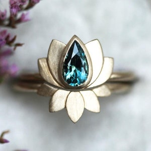 Teal Pear Sapphire Ring Set, Pear Blue Sapphire Engagement Ring set, Sapphire Wedding Ring Set, Lotus Ring