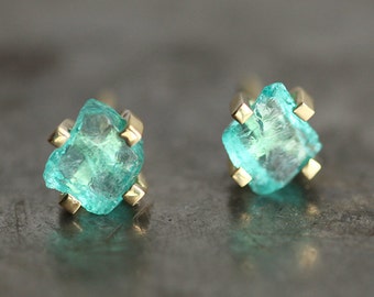 Raw Mint Apatite Studs, Simple Green Earrings, 14k Solid Gold