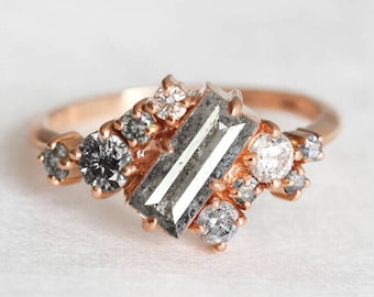 Salt & pepper diamond ring, Grey engagement cluster, Baguette cut ring, Galaxy art deco ring
