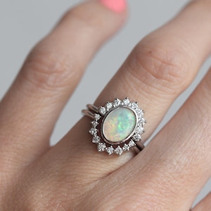 Australian Oval Opal and Diamond Ring Set, Australian Opal Diamond Engagement Ring Set image 1