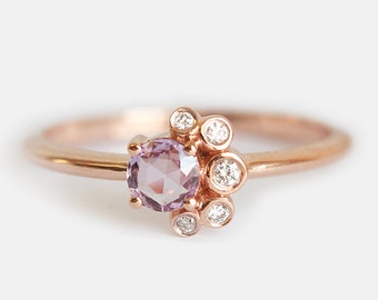 Round Pink Sapphire & Diamond Cluster Ring, Rose Cut Purple Sapphire Ring in 14k Solid Gold