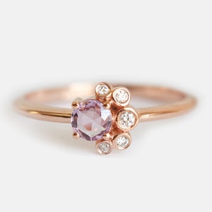 Round Pink Sapphire & Diamond Cluster Ring, Rose Cut Purple Sapphire Ring in 14k Solid Gold image 1