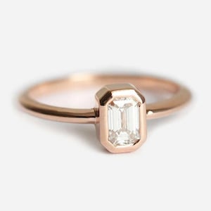 Emerald cut diamond ring, Rose gold engagement solitaire, Gia diamond ring, Simple bezel diamond ring