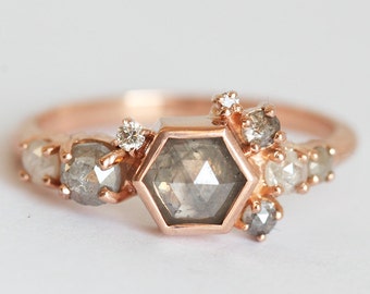 Gray Diamond Ring with Hexagon diamond, Diamond Cluster Ring, Rose Cut Diamond Ring Rose Gold, Modern Rose Gold Diamond Ring