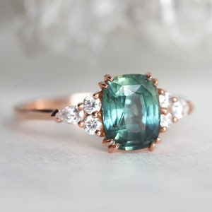 Teal Green Blue Sapphire & Diamond Ring, Cushion Cut Engagement Ring, 14k or 18k Solid Gold image 6