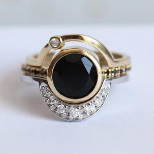 Sunset Ring Set, Diamond Sun Ring With Curved Diamond Crown