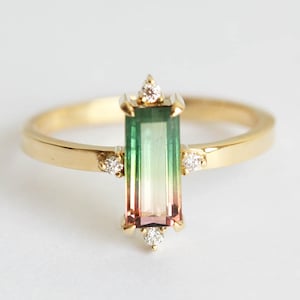 Watermelon tourmaline ring, Bicolor engagement ring, Baguette pink green art deco ring