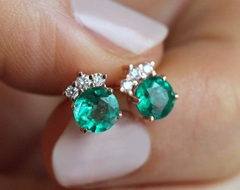 Natural Emerald Earrings in 14k Rose Gold, Emerald Diamond Stud Earrings, Rose Gold Diamond Cluster Earrings