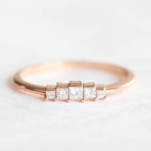 Art Deco Diamond Engagement Ring, Rose Gold Princess Diamond Ring, Five ...