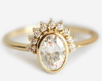 Oval Moissanite and Diamond Ring with Diamond Crown Half Halo Diamonds Yellow Gold