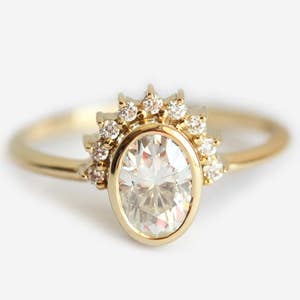 Oval Diamond Ring, Diamond Engagement Ring With Oval Cut Diamond Half Halo and curved gold Lace band image 5