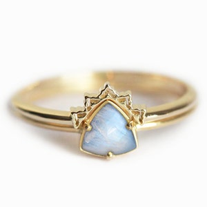 Rainbow Moonstone Ring Set. Trillion Moonstone Ring with Gold Lace Band V shaped Ring