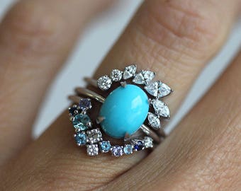 Wave Ring Set, Unique Engagement Ring Set, Turquoise Ring with Diamond Crown Ring, Cluster Ring Set, Turquoise Engagement Ring Set