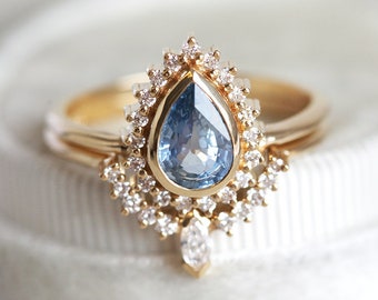 Blue Sapphire Diamond Ring Set, 18k Solid Yellow Gold One Carat Pear Solitaire and Matching Curved Band