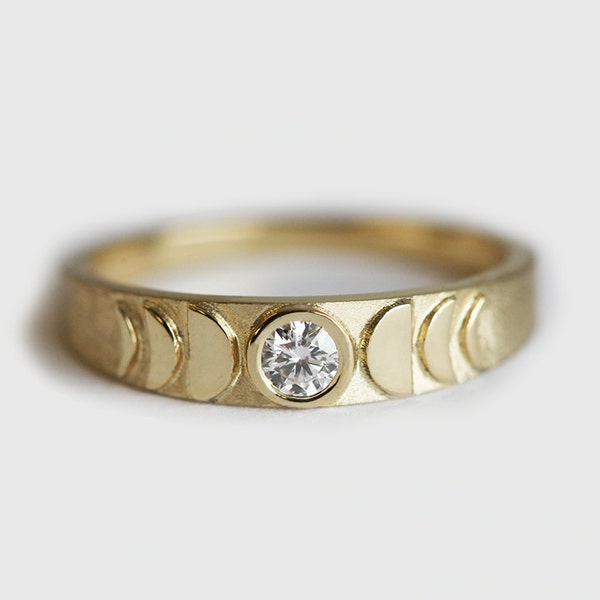 Moon Phase Ring,  Full Moon Diamond Ring, Crescent Band, 14k or 18k Solid Gold