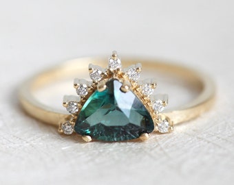 Trillion Teal Sapphire Engagement Ring with diamond crown, Green Blue Sapphire Diamond Ring in Yellow Gold