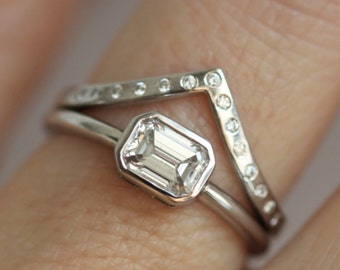 Emerald Diamond Ring, Emerald Cut Solitaire Diamond Ring with Diamond Wedding Band, Simple Diamond Ring Set