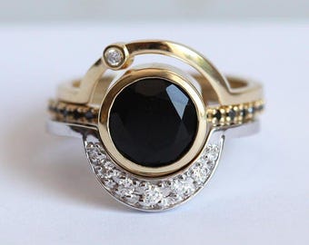 Black diamond engagement ring, Eclipse ring set, Alternative onyx set, Moon wedding set