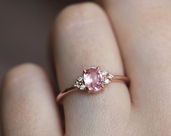 Delicate Rose Gold Peach Sapphire Ring, Pink Sapphire Diamond Ring, Rose Gold Engagement Ring