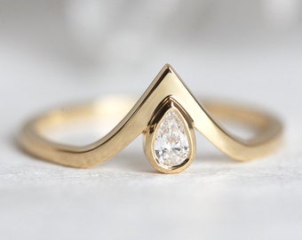 Pear engagement ring, Diamond ring, Small gemstone ring, Tiny v shaped wedding band