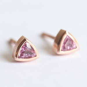 Triangle earrings Rose Gold, Pink Sapphire Earring Studs, Simple Everyday Earrings with sapphires image 1