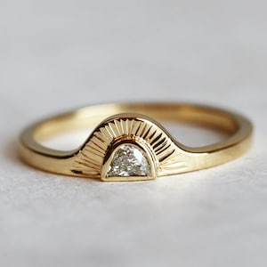 Bohemian engagement ring, Boho half moon ring, Diamond sunrise ring, Hippie sun rays wedding ring