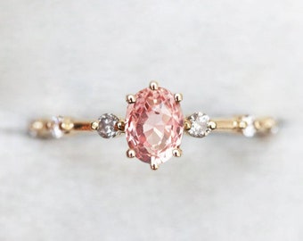 Peach Sapphire Engagement Ring, Oval Sapphire Ring with Diamond band, Delicate Peach Pink Sapphire Ring