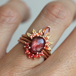 Flame Sunstone Ring Set with Oval Oregon Sunstone and Red, Fire ring Set, Orange, Yellow Sapphires, Unique Autumn Engagement Set image 7