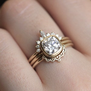 Moissanite Diamond Ring, Cushion Moissanite Engagement Three Ring Set in 14k, 18k Solid Gold or Platinum, MinimalVS image 1