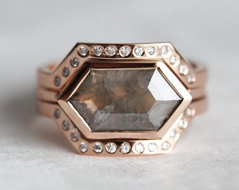 Modern Diamond Ring Set, Unique Bridal Ring Set, Ring Set for Her, Diamond Engagement Ring, Hexagon Diamond Ring Set, Rose Gold Ring Set