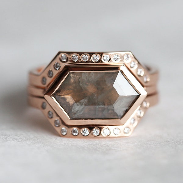 Modern Diamond Ring Set, Unique Bridal Ring Set, Ring Set for Her, Diamond Engagement Ring, Hexagon Diamond Ring Set, Rose Gold Ring Set