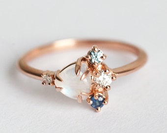 Trillion Moonstone Ring, Unique Cluster Engagement Ring, Diamond, Sapphire, & Tourmaline Ring in 14k or 18k Solid Gold