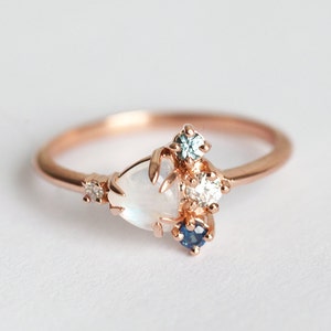 Trillion Moonstone Ring, Unique Cluster Engagement Ring, Diamond, Sapphire, & Tourmaline Ring in 14k or 18k Solid Gold