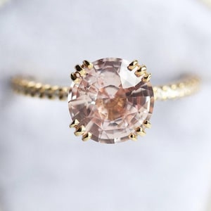 Champagne Peach Sapphire & Diamond Engagement Ring, Large Round Sapphire Ring in 14k or 18k Solid Gold