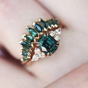 Teal sapphire ring set, Unique sapphire engagement set with cushion peacock sapphire